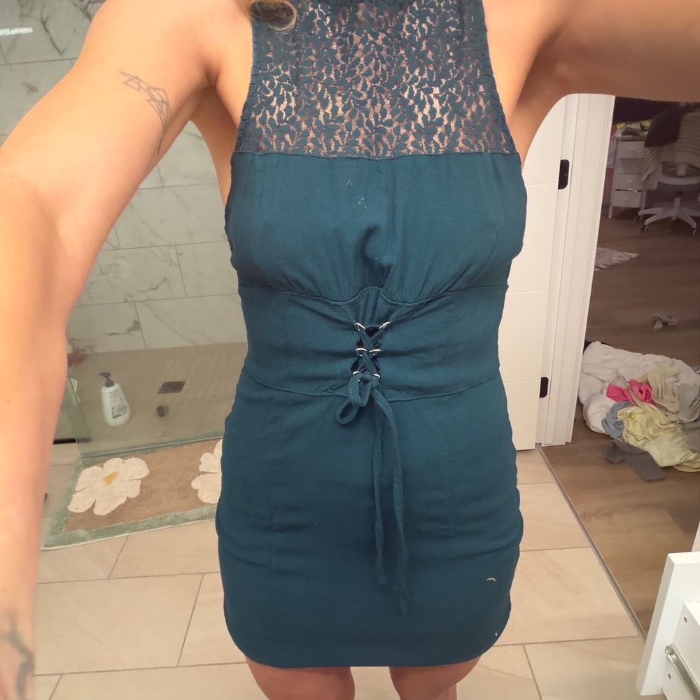 Free People Teal Lace Halter Mini Dress with Front Lace-Up